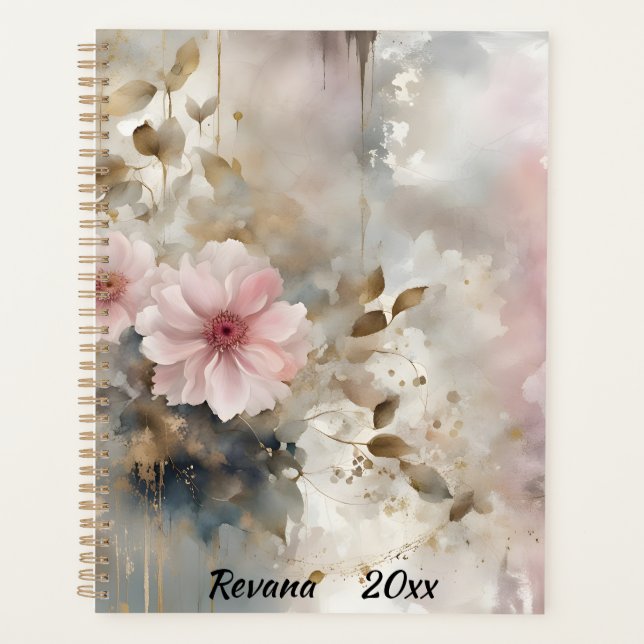 Pink and Gold Wabi-Sabi Flowers Gray Background Planner (Front)