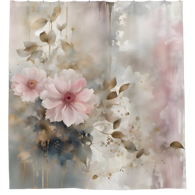 Pink and Gold Wabi-Sabi Flowers Gray Background Shower Curtain (Front)