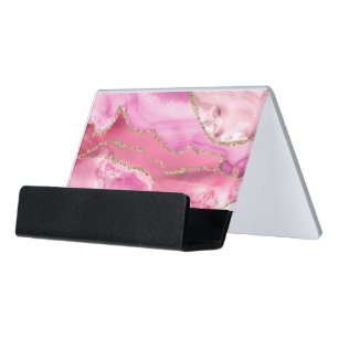pink and gold watercolor agate desk business card holder