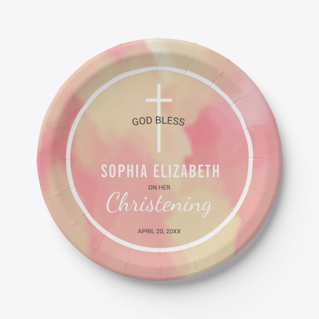 Pink and Gold Watercolor Baby Girl Christening Paper Plates (Front)