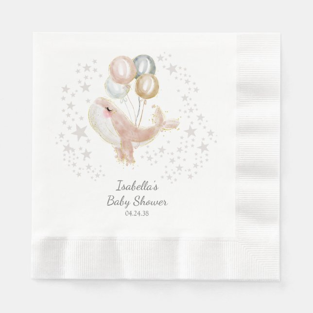 Pink and Gold Watercolor Cute Whale Baby Shower Napkins (Front)