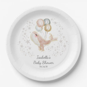 Pink and Gold Watercolor Cute Whale Baby Shower Paper Plates