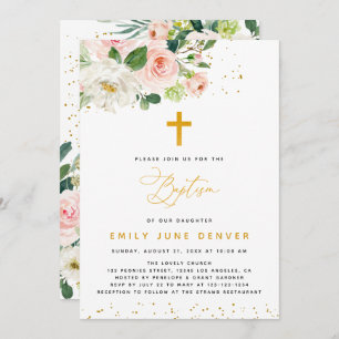 Pink And Gold Watercolor Floral Baptism Invitation