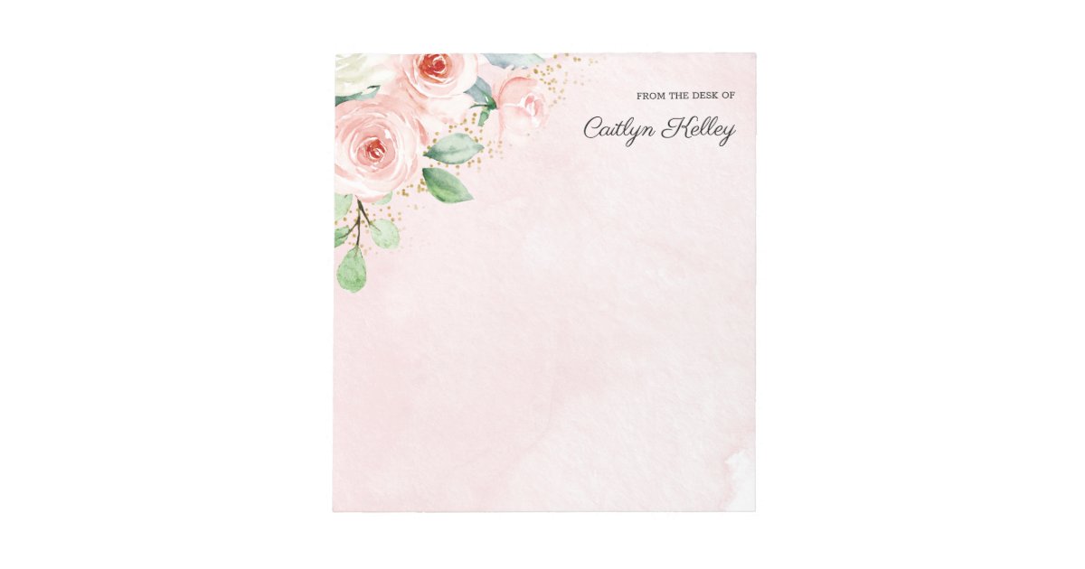 Pink and Gold Watercolor Floral, From the Desk of- Notepad | Zazzle