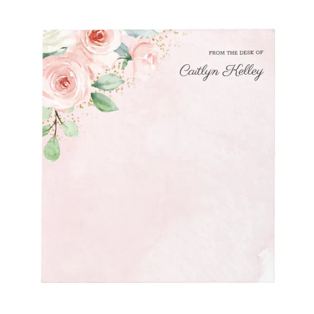 Pink and Gold Watercolor Floral, From the Desk of- Notepad | Zazzle