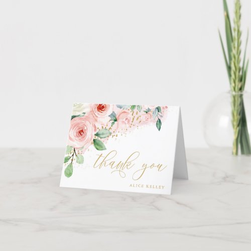 Pink and Gold Watercolor Floral Personalized Thank You Card