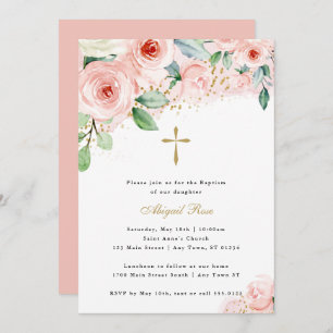 Pink and Gold Watercolor Floral Religious Baptism Invitation