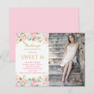 Pink and Gold Watercolor Flowers Photo Sweet 16 Invitation