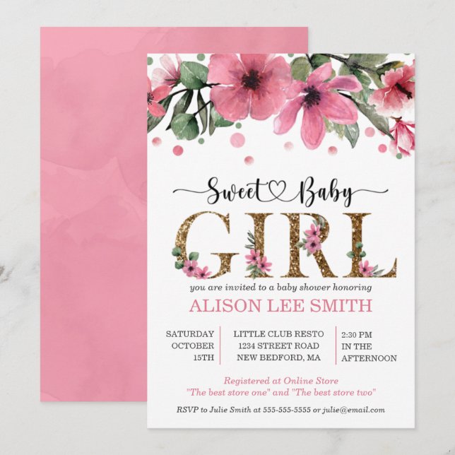Pink and gold watercolor Girl baby shower (Front/Back)