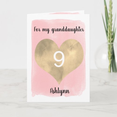 Pink and Gold Watercolor Heart 9th Birthday