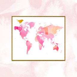 Pink And Gold Watercolor World Map Poster