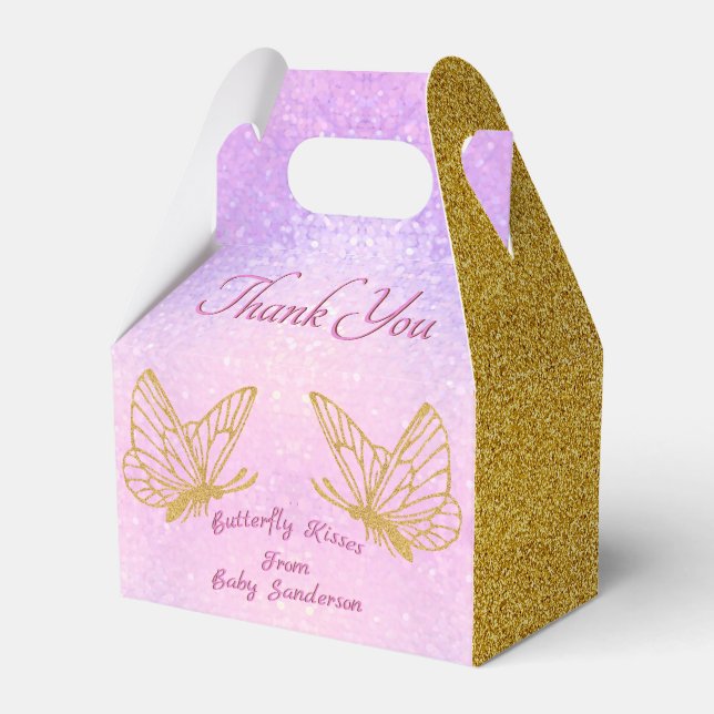 Pink and Gold Whimsical Butterfly Baby Shower Favor Boxes (Front Side)