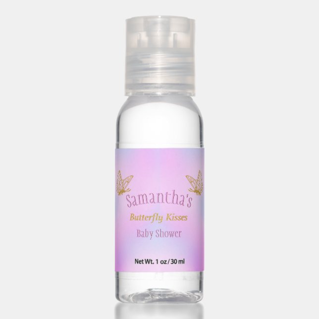 Pink and Gold Whimsical Butterfly Baby Shower Hand Sanitizer (Front)