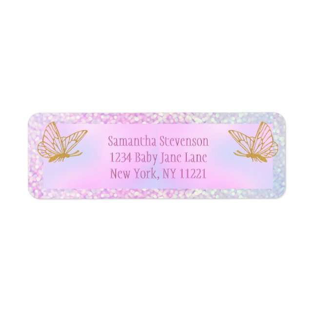 Pink and Gold Whimsical Butterfly Baby Shower Label (Front)