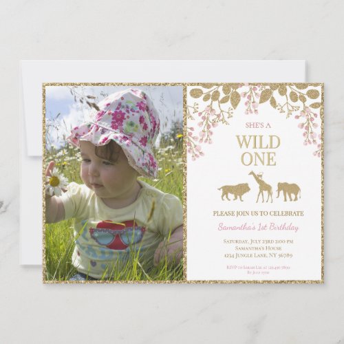 Pink and Gold Wild One 1st Birthday Girl Photo Invitation