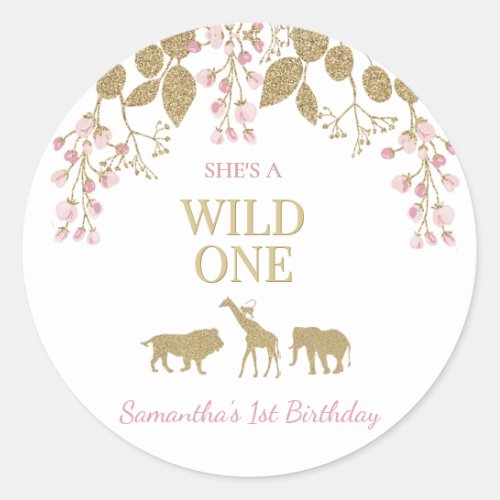 Pink and Gold Wild One 1st Girl Birthday Party Classic Round Sticker