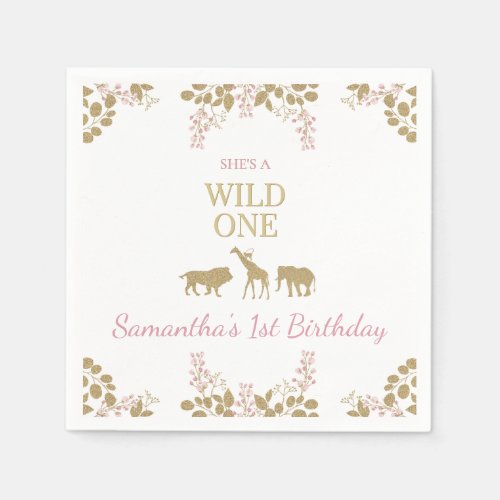 Pink and Gold Wild One 1st Girl Birthday Party Napkins