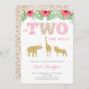 Pink and Gold Wild Safari 2nd Birthday Party Invitation