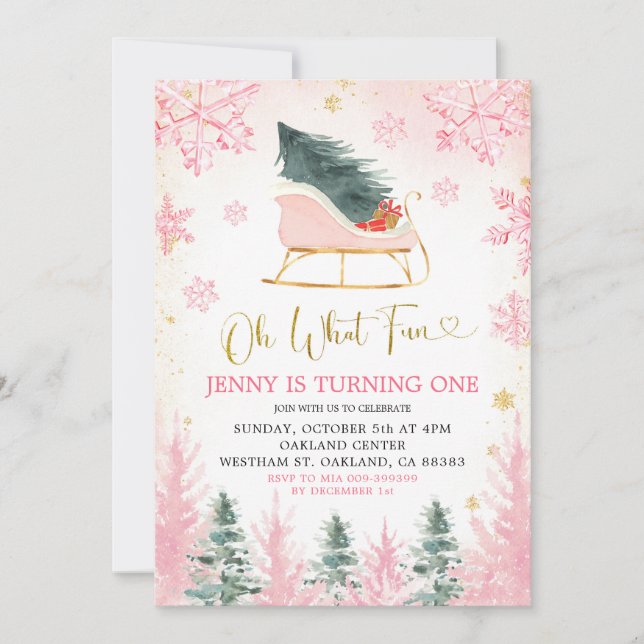 Pink and Gold Winter Sleigh First Birthday Invite (Front)