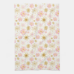 Pink and Gold Winter Snowflakes Kitchen Towel