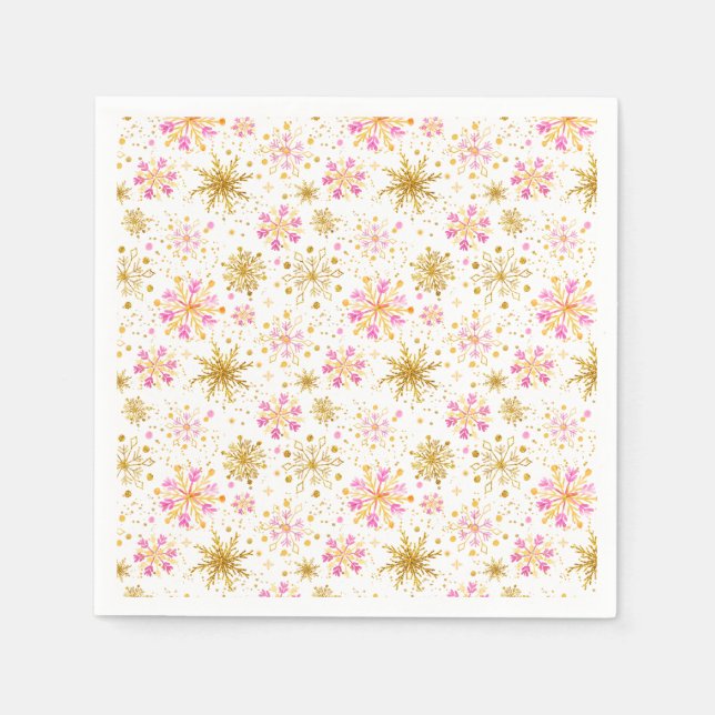 Pink and Gold Winter Snowflakes Napkins (Front)