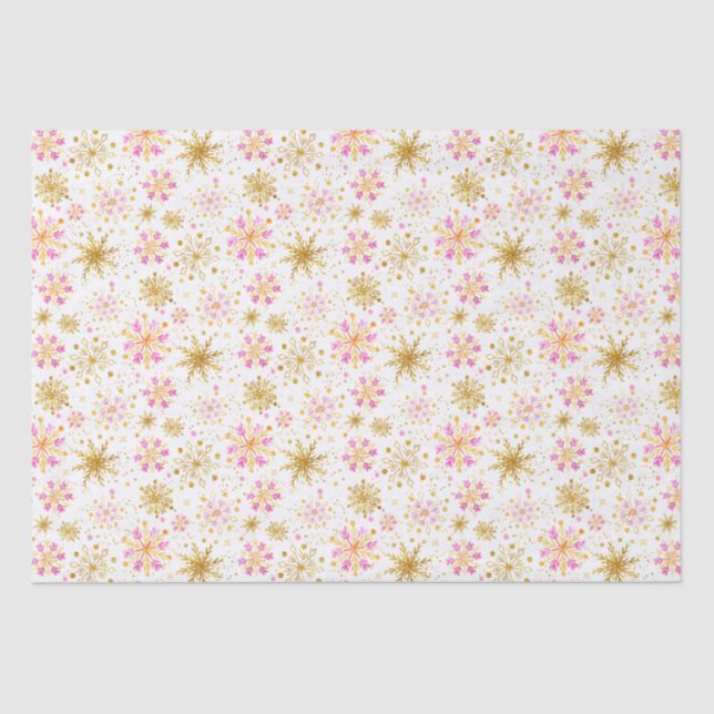 Pink and Gold Winter Snowflakes Pattern Tissue Paper (Front)