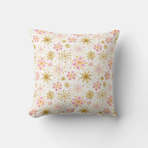 Pink and Gold Winter Snowflakes Throw Pillow