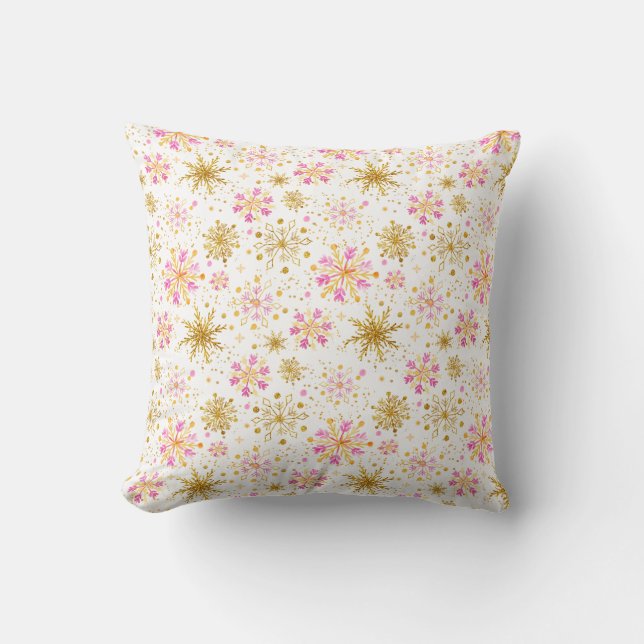 Pink and Gold Winter Snowflakes Throw Pillow (Front)