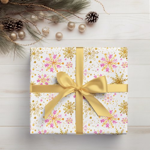 Pink and Gold Winter Snowflakes Wrapping Paper