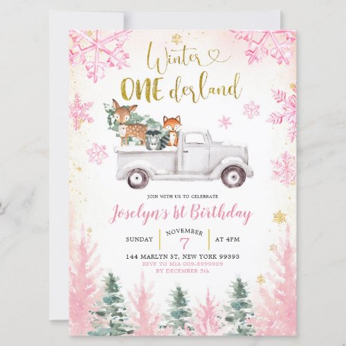 Pink and Gold Winter Woodland Truck First Birthday Invitation