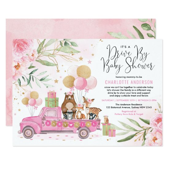 Pink and Gold Woodland Drive Through Baby Shower Invitation