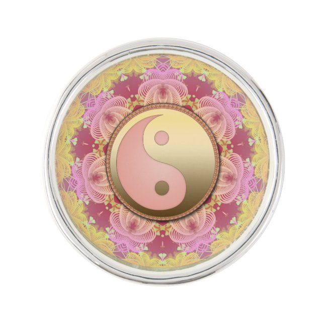 Pink and Gold Yin Yang Fractal Energy Lapel Pin (Front)