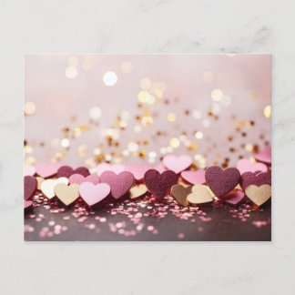 pink and golden hearts on golden glitter postcard