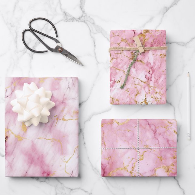 Pink And Golden Marble Wrapping Paper Sheets (Front)