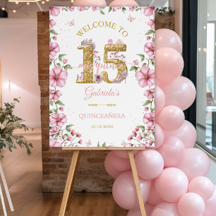 Pink and Golden Mis Quince Quinceañera Welcome Foam Board