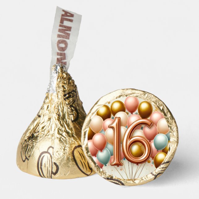Pink and Golden Sweet 16 Balloons Birthday Party Hershey®'s Kisses® (Front)