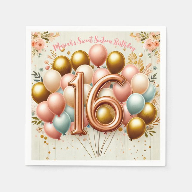 Pink and Golden Sweet Sixteenth Birthday Party Napkins (Front)
