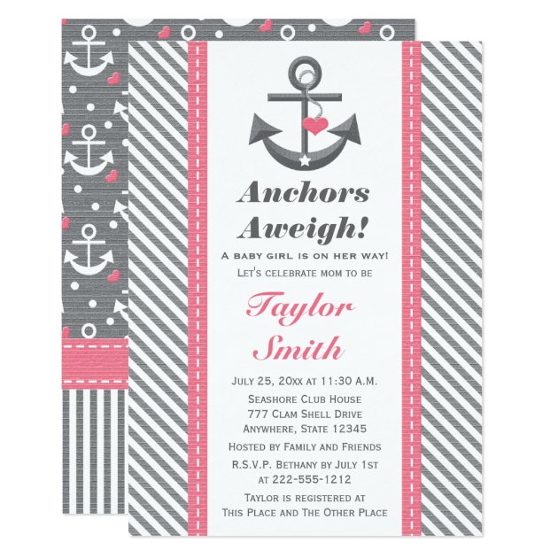 Pink And Gray Anchor Nautical Baby Shower Invitation