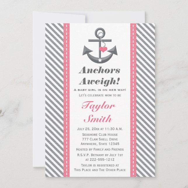 Pink and Gray Anchor Nautical Baby Shower Invitation (Front)
