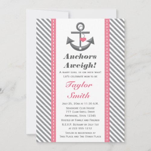 Pink and Gray Anchor Nautical Baby Shower Invites