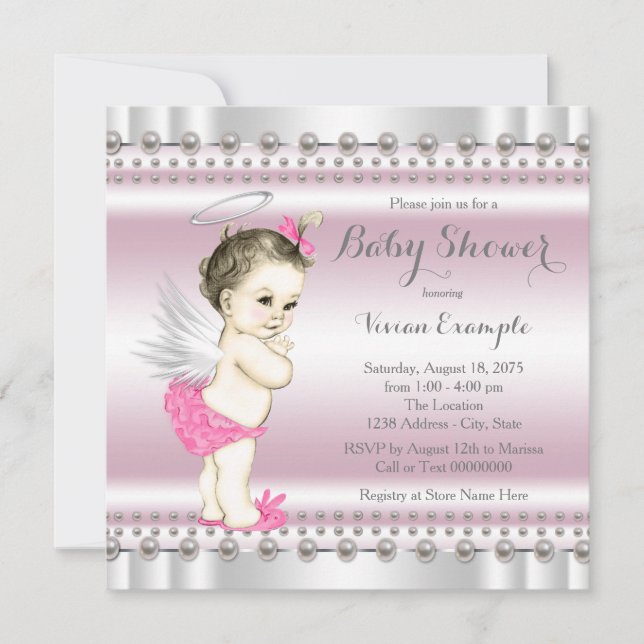 Pink and Gray Angel Pearl Baby Girl Shower Invitation (Front)