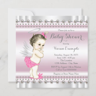 Pink and Gray Angel Pearl Baby Girl Shower Invitation