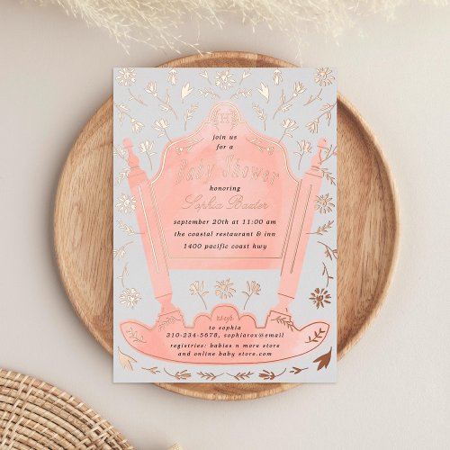 Pink and Gray Antique Cradle Baby Shower Rose Gold Foil Invitation