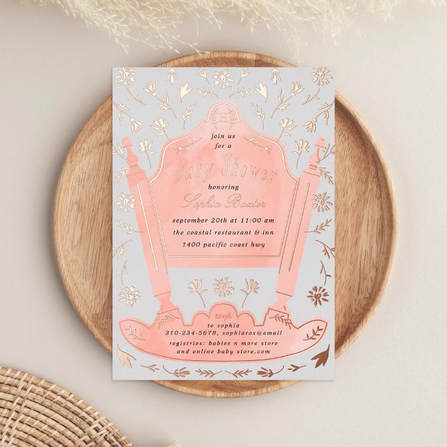 Pink and Gray Antique Cradle Baby Shower Rose Gold Foil Invitation (Creator Uploaded)