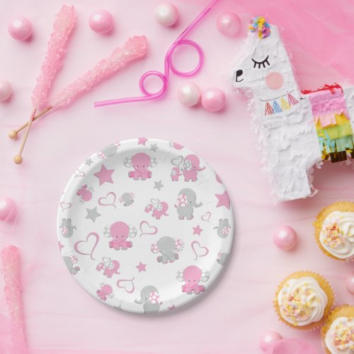 Pink and Gray Baby Elephant  Paper Plates