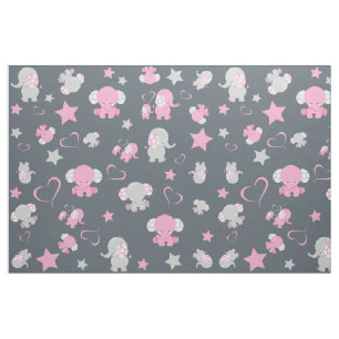 Pink and Gray Baby Elephant Pattern Print Fabric