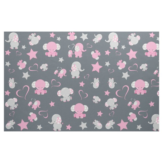 Pink and Gray Baby Elephant Pattern Print Fabric (Fat Quarter)