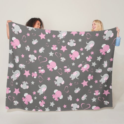 Pink and Gray Baby Elephant Pattern Print Fleece Blanket