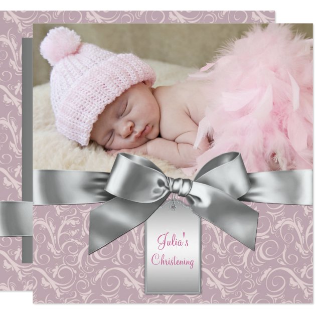 Pink And Gray Baby Girl Photo Christening Card