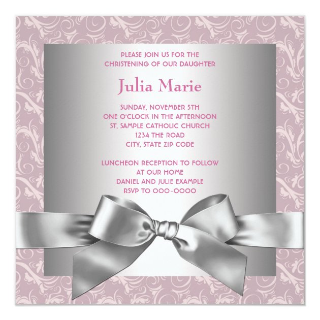 Pink And Gray Baby Girl Photo Christening Card